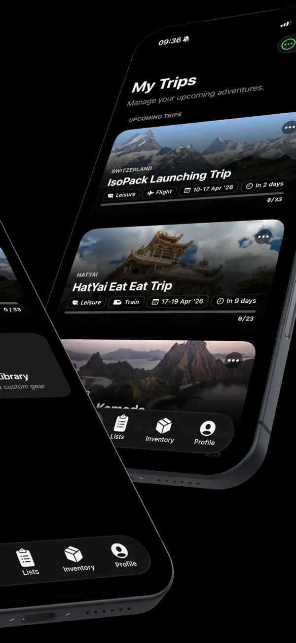 IsoPack App Store screenshot showing trip packing features.