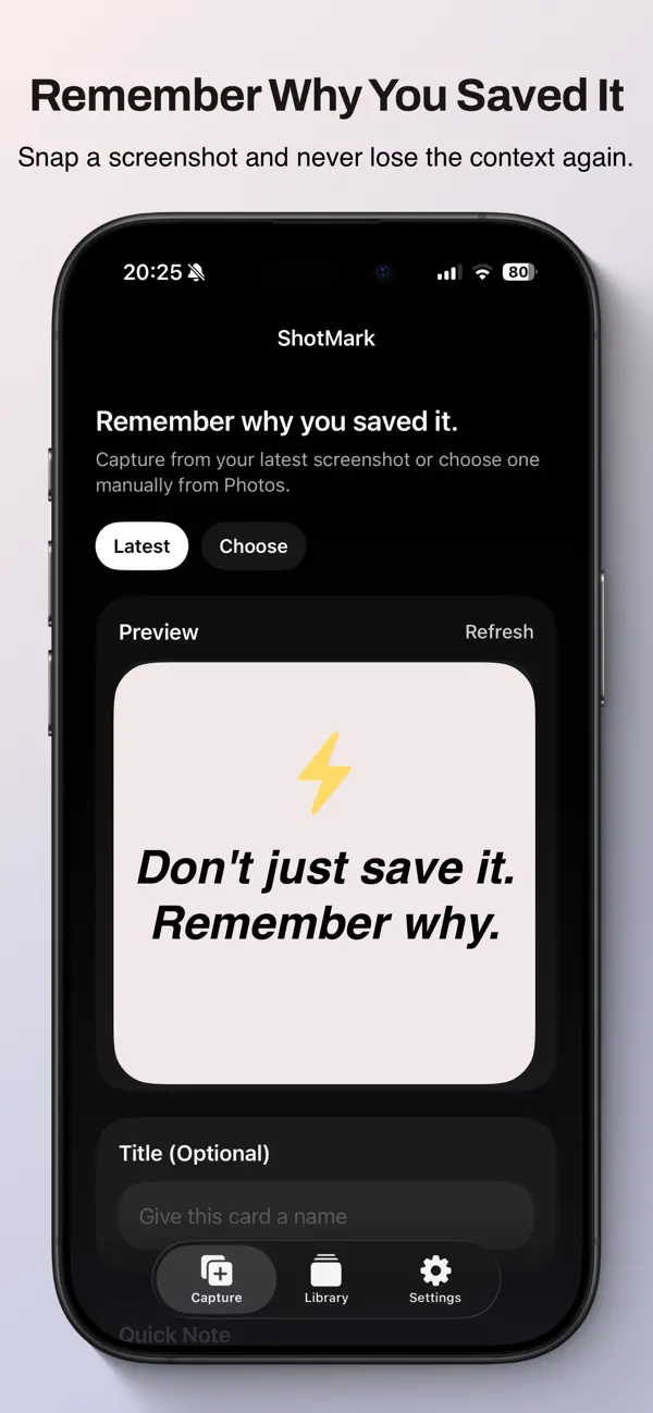 ShotMark App Store screenshot showing saved screenshot cards.