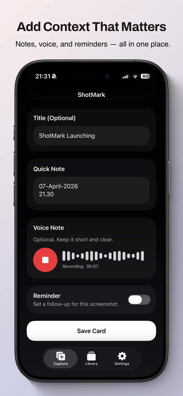 ShotMark App Store screenshot showing screenshot card details.