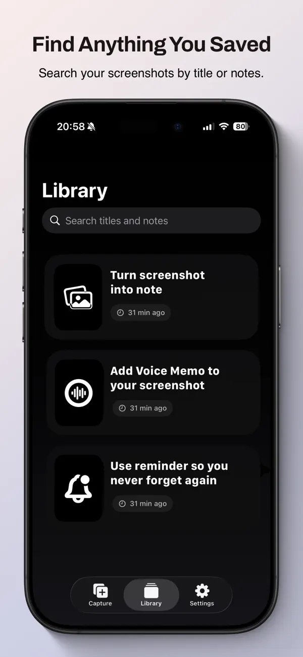 ShotMark App Store screenshot showing the screenshot library.